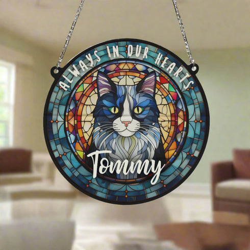Cat Black & White Memorial Stained Glass Effect Suncatcher